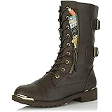 DailyShoes Women's Military Lace up Buckle Combat Boots Mid Knee High Exclusive Credit Card Pocket Metal Front Bootie Shoes