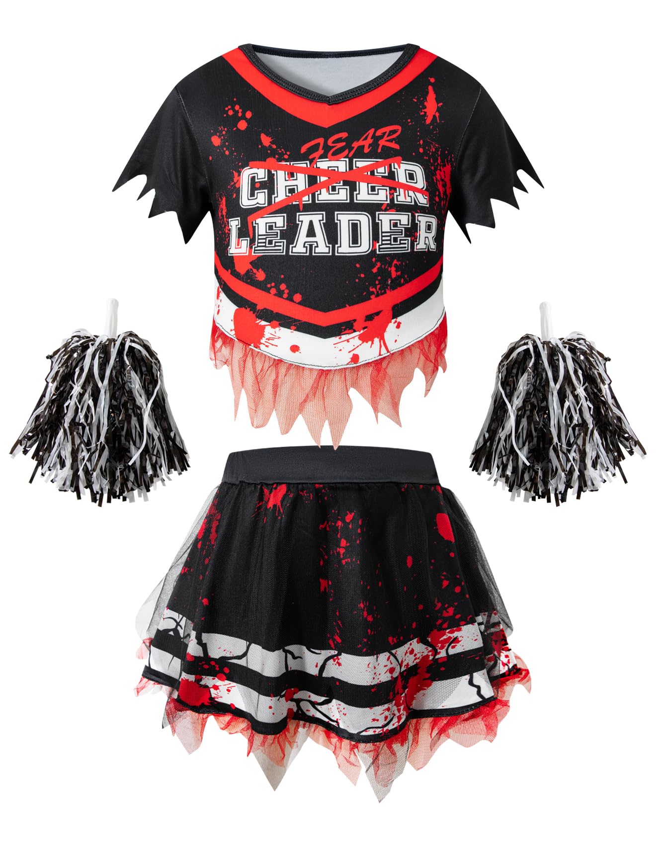 Photo 1 of QIKUBI Cheerleader Costume for Girls Halloween Scary Zombie Cheerleader Dress Up Party Uniform (Black 5T)
