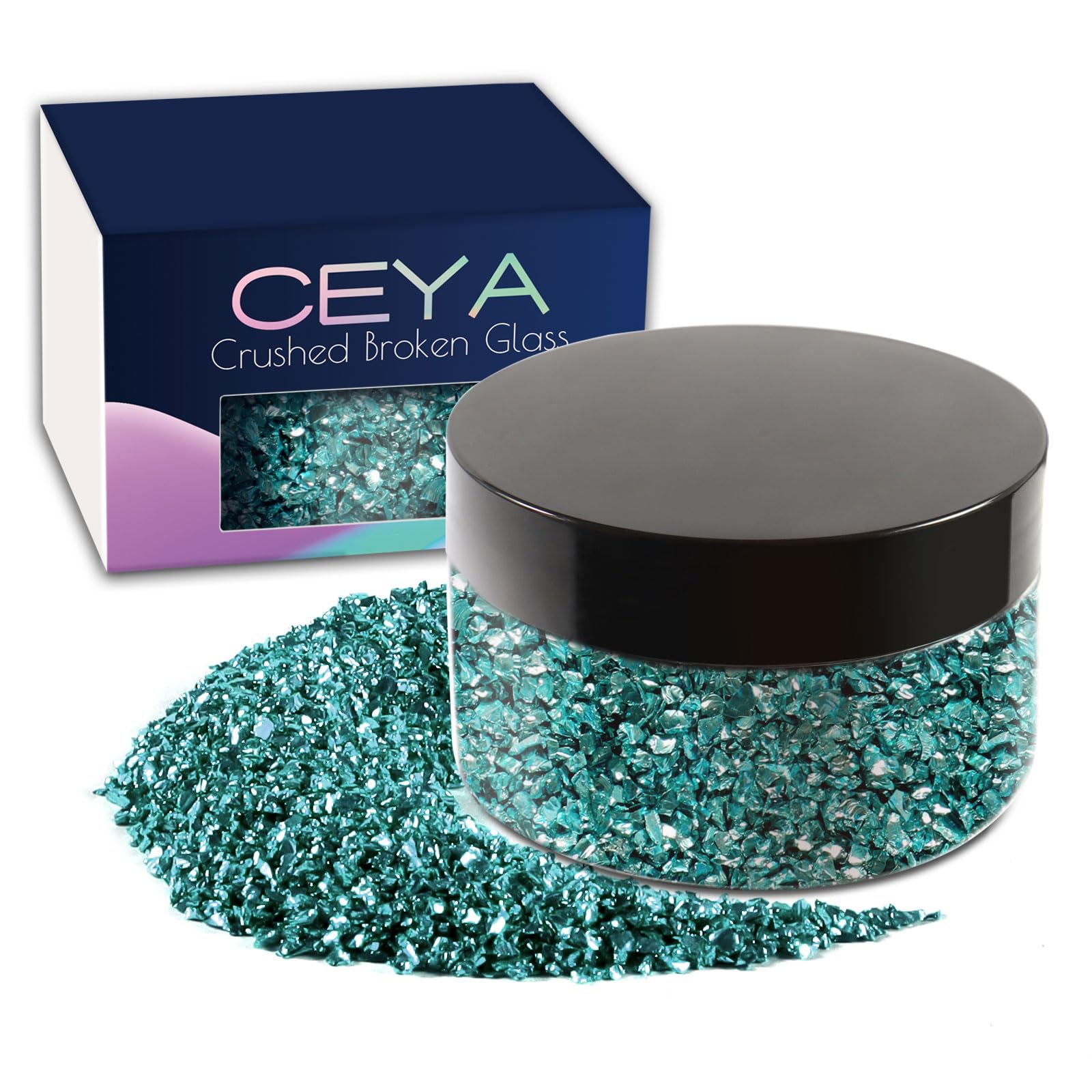 Ceya 5.3oz/ 150g Crushed Irregular Glass Sky Blue Metallic Crystal Chips Broken Glass Glitter 2-4mm Craft Glitter for Nail Arts Epoxy Resin Coasters Ornament Painting Geode Phone Case Jewelry Making