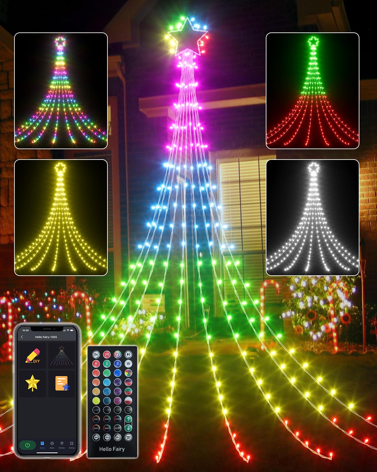 3.6M Smart Outdoor Christmas Tree Lights - App Control DIY Waterfall Star Fairy Light Colour Changing, Music Sync, Timer Waterproof Curtain Lights Mains Powered for Garden Xmas Wedding Decor
