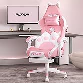 PUKAMI Pink Gaming Chair Cute with Cat Ears and Cat Paw Lumbar Cushion, Ergonomic Computer Chair for Girl with Footrest and Headrest, Comfortable Reclining PC Game Chair for Adult, Teen (Pink)