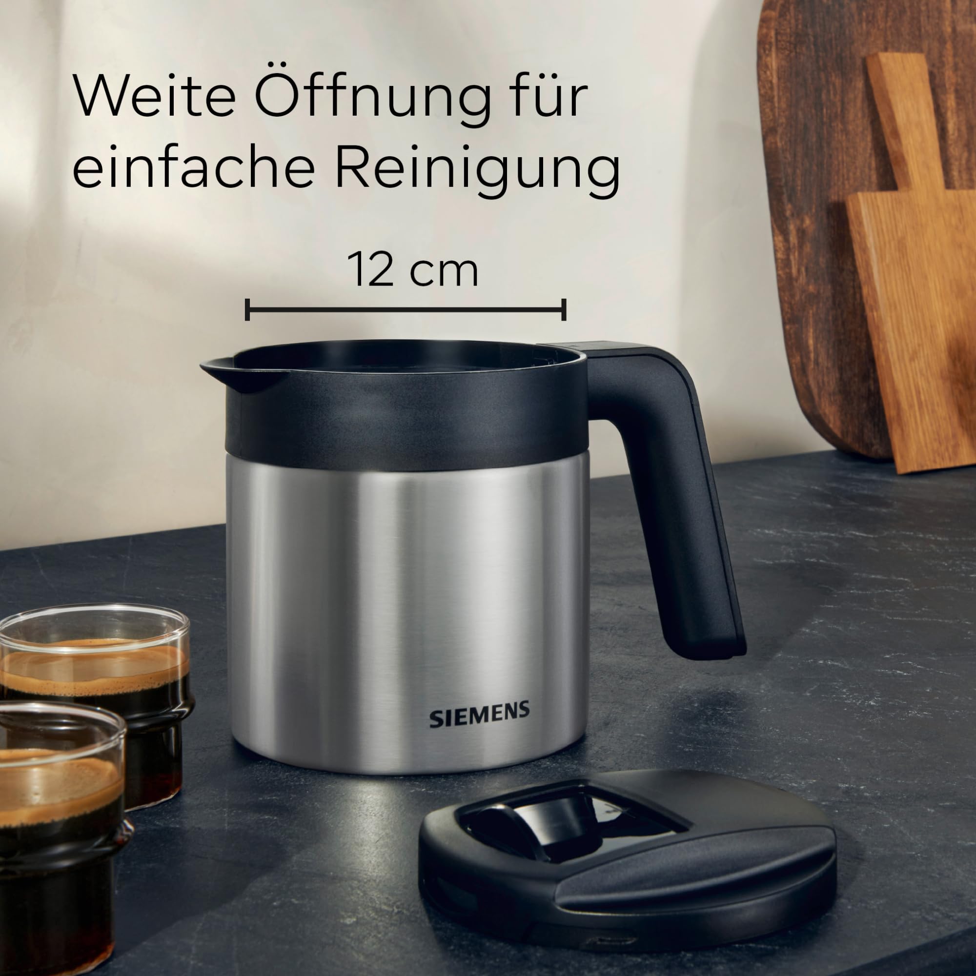 Siemens Thermo-Kaffeekanne TZ40001, direktes Brühen aus dem Kaffeevollautomaten, Warmhaltefunktion, Schiebedeckel, leicht zu reinigen, perfekt für EQ500, EQ700, EQ6 plus und EQ900, 1 L, Edelstahl 7