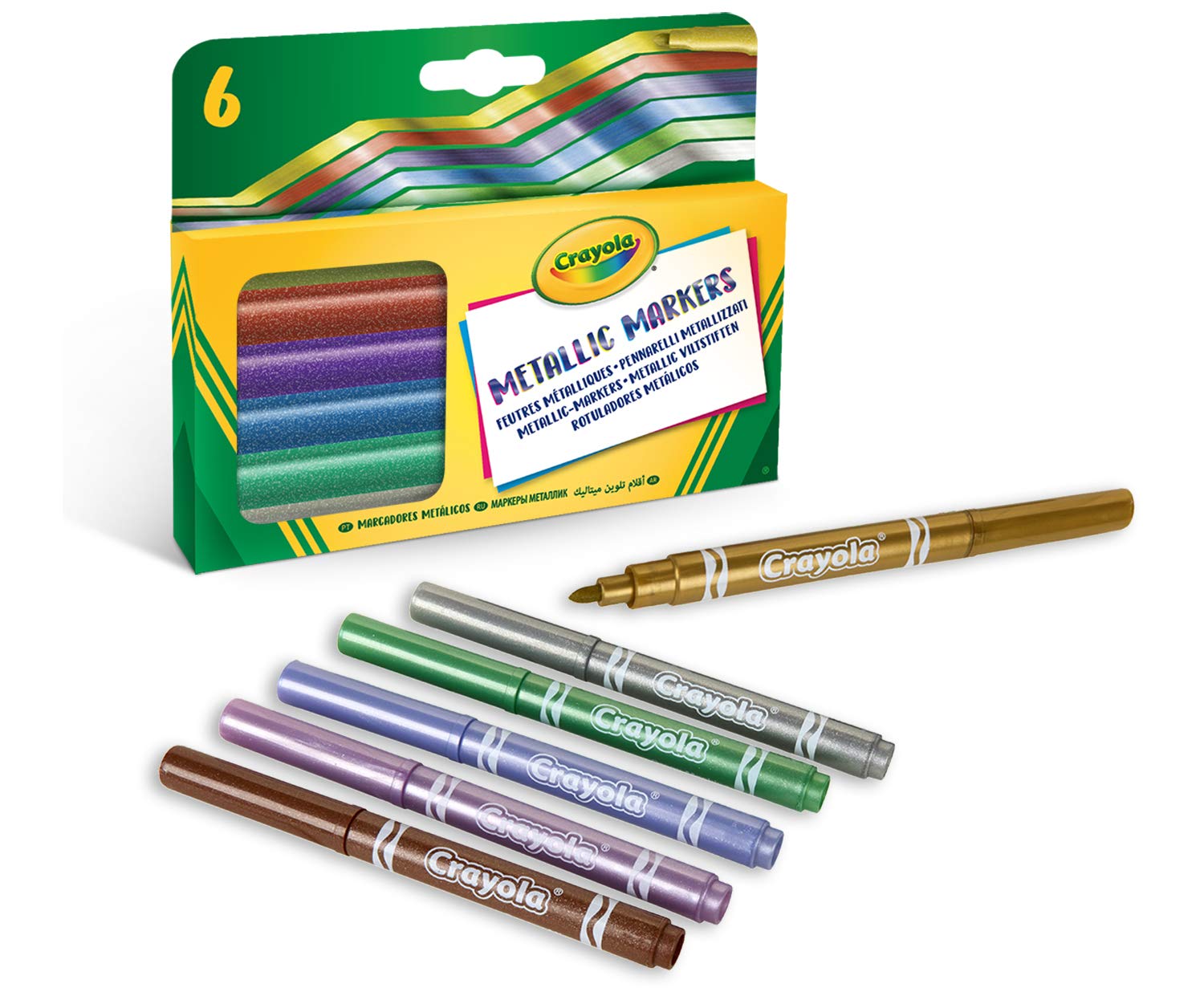 CRAYOLA Metallic Markers - Assorted Colours (Pack of 6) | Unique Colours that Shimmer Just Like Real Metal! | Kids Arts & Crafts | Ideal for Kids Aged 3+