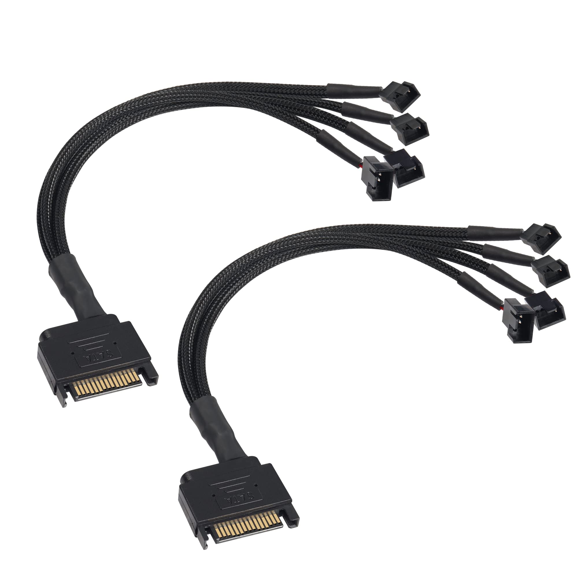 GINTOOYUN 2 PCS SATA to 3Pin/4Pin Case Expansion Fan Cable - 15 Pin SATA to 4x 3Pin/4Pin 12V Computer Cooling Fan Hub for CPU, Motherboard, etc (10.2 Inch)