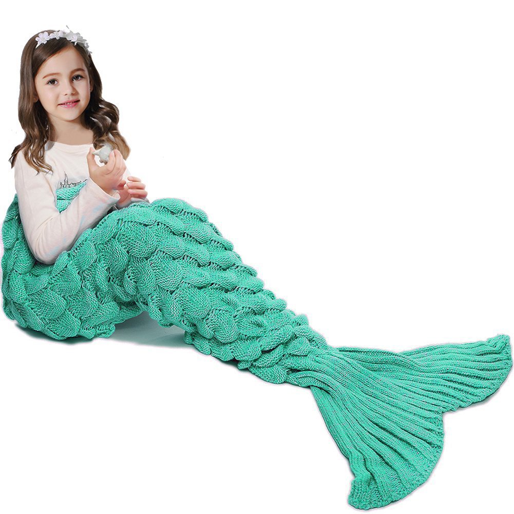 AOSUCO Mermaid Tail Blanket for Girls, Mermaid Sleeping Bag for Kids, Handmade Knitted Mermaid Tail Blanket, Birthday Gift for Girl 3-8years(Green)