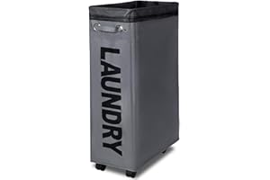TWIRA 26-Inches Slim Laundry Basket, Laundry Hamper with Wheels (4 colors), Collapsible Corner Storage Bins, Rolling Hamper Dorm Basket(Dark Grey)