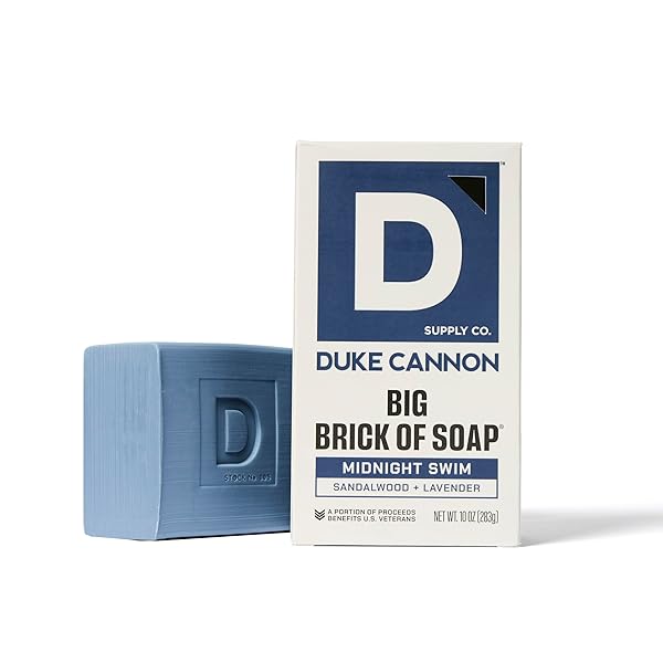 DUKE CANNON MIDNIGHT SWIM BIG BRICK OF SOAP – SANDALWOOD + LAVENDER SCENT, 10 OZ. – LARGE TRIPLE-MILLED BAR SOAP FOR MEN, LONG-LASTING, MOISTURIZING WITH NATURAL OILS, SUPPORTS U.S. VETERANS