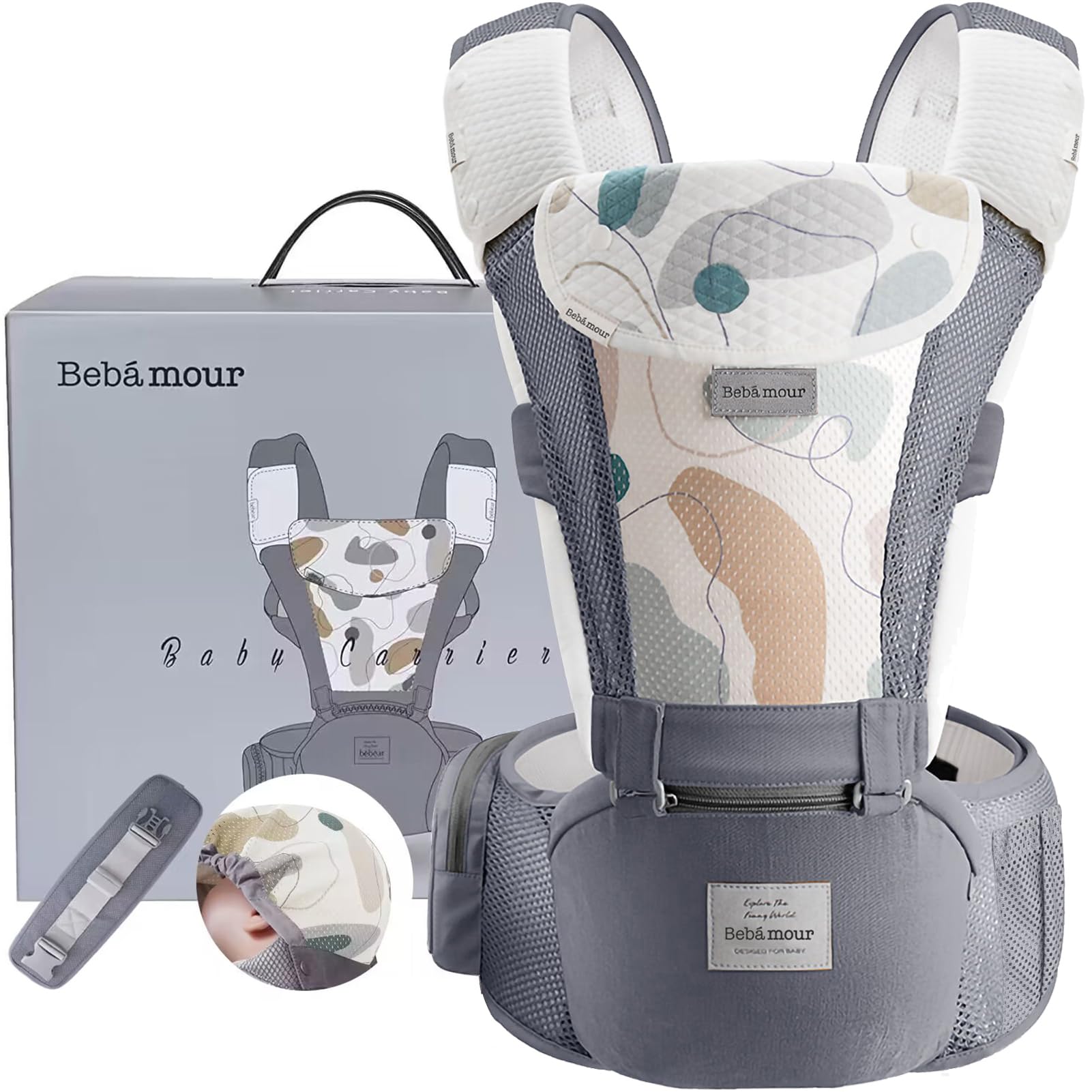 Bebamour Baby Carrier Newborn to Toddler-Baby Hip Carrier Front and Back Carry with Head Hood & 3 Pieces Teething Pads& Waist Extenders & Storage Bag (Grey)