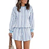 Tankaneo Womens Striped Short Sets 2 Piece Outfits Long Sleeve Shirts and Shorts Matching Lounge Set Casual Sweatsuits