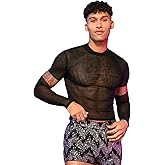 WDIRARA Men's Mesh Cut Out Long Sleeve Round Neck Bodycon Party Blouse Shirt Tops