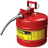 Justrite Type II Gasoline Safety Can, Red Galvanized Steel, FM Approved | Flammable Liquid Storage Can with Controlled Pouring, 5 Gallon Capacity, 1" Metal Hose, Flame Arrester, OSHA, NFPA Compliant
