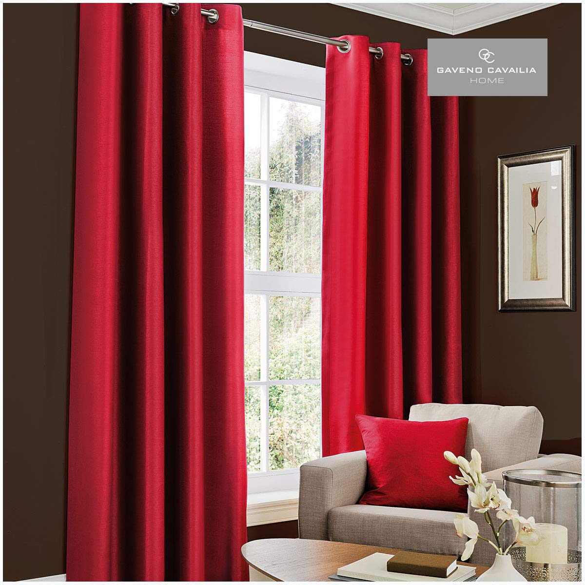 GC GAVENO CAVAILIA Plain Faux Silk Eyelet Curtains, Polyester, Deep Red, 90x108 Inches
