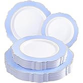 WDF 60pcs Blue Plates Disposable With Gold Rim - Baroque Baby Blue Plastic Party Plates for Wedding/Party/Baby Shower
