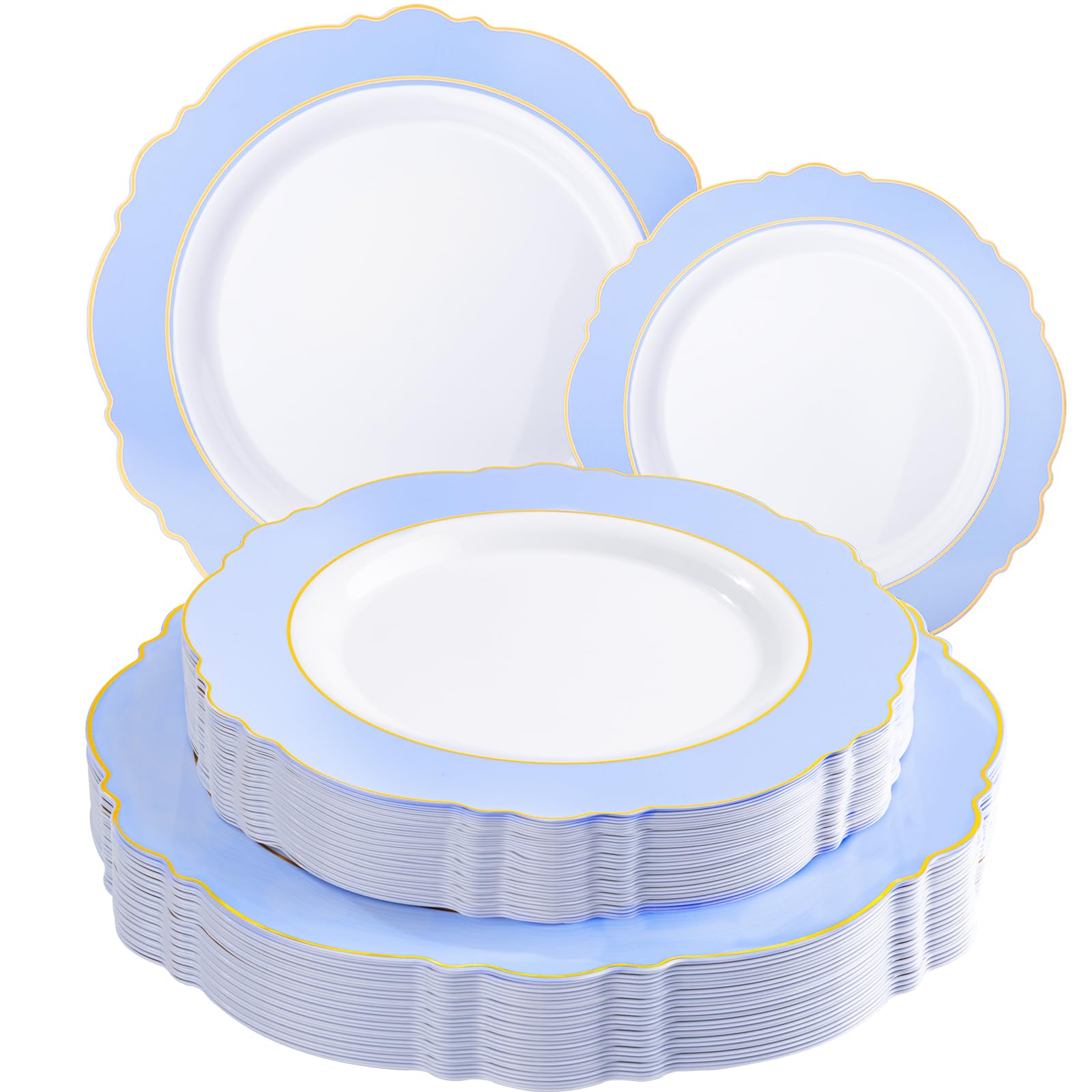 Photo 1 of WDF 60pcs Blue Plates Disposable With Gold Rim - Baroque Baby Blue Plastic Party Plates for Wedding/Party/Baby Shower