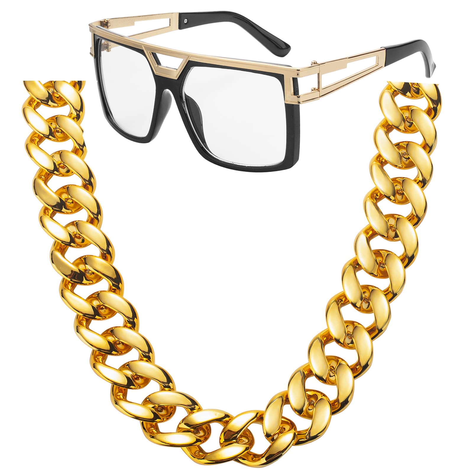FACATH Hip Hop Costume Kit- Big Chunky Plastic Hip Hop Gold Chain, Vintage Hippie Transparent Sunglasses for 80s 90s Rapper Costume Accessories โ image 1