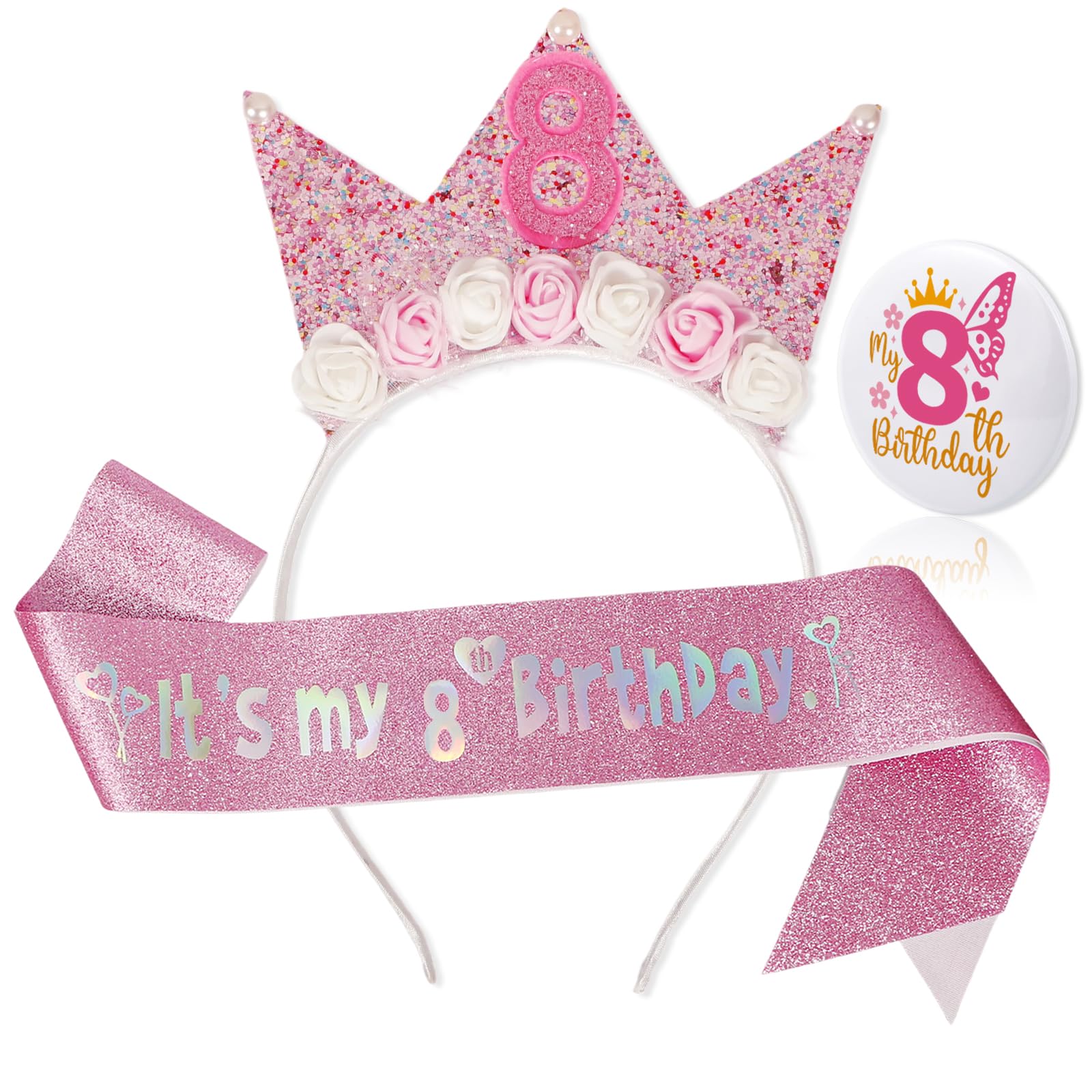 Bliceon 8th Birthday Girl Headband Sash and Badge Set, 3 Piece Pink Glitter Princess Party Decorations, Birthday Decorations Gifts for 8 Year Old Girls Party Supplies โ image 1