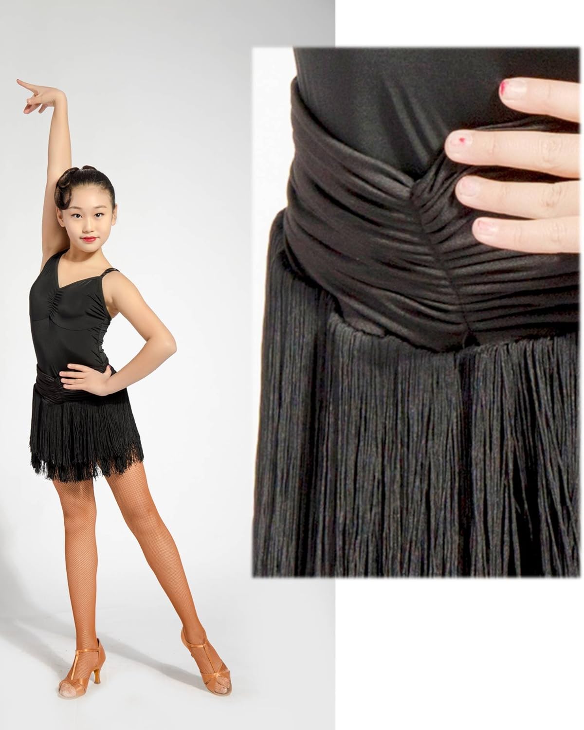 GD2002 Kid Latin Ballroom Dance Professional Pleated Surface and Double Tassel Swing Design Skirt for Girl: Clothing