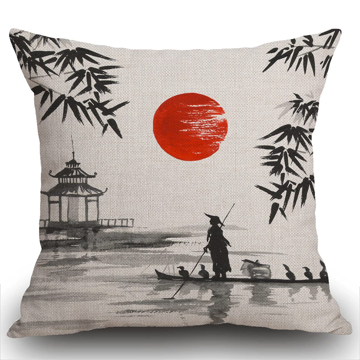 Smooffly Cushion Cover Japan Traditional Japanese Painting Man with Boat Throw Pillow Case Home Decorative for Men/Women Living Room Bedroom Sofa Chair 18X18 Inch Pillowcase 45X45cm