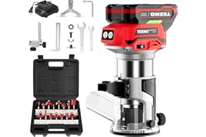 TEENO Cordless Compact Router Tool for Woodworking, Wood Router Brushless Motor with Trim Router Bits, 6 Variable Speeds, 15PCS 1/4" Router Bits, Edge & Roller Guides, Dust Hood(1 Battery)