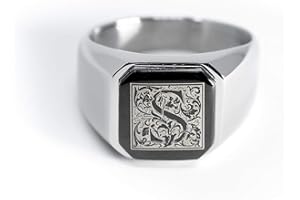 Tioneer Jewelry | Stainless Steel Letter Alphabet Initial Ring | Square Flat Top Ring for Men & Women | Stainless Steel Jewelry, (Black, Gold, Silver), Size 7-16