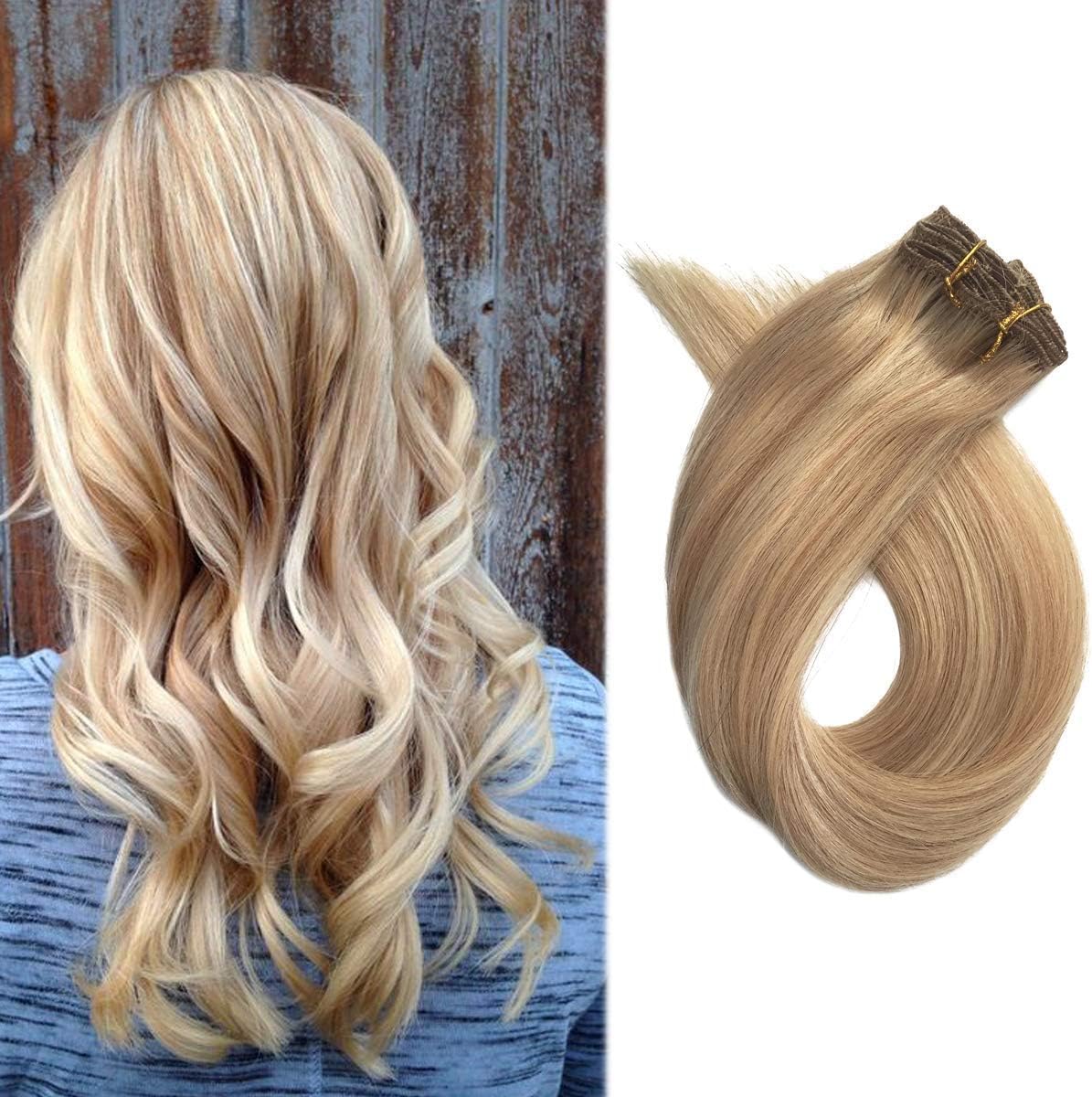 Hair Extensions Clip in Remy Human Hair Double Weft 7 Pieces Silky Straight Dark Blonde Mix Bleach Blonde 22inch 70g #27/613