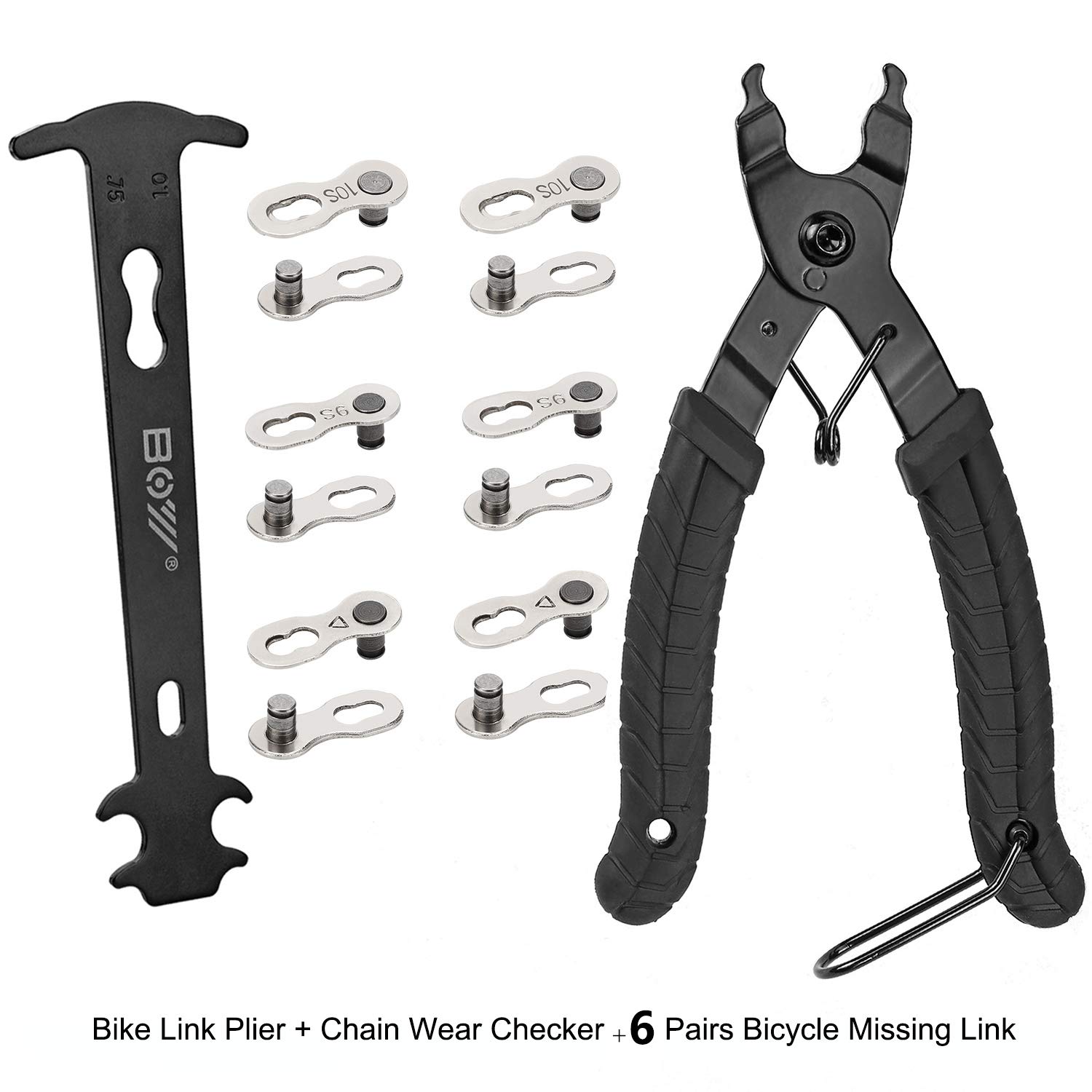 Bike Chain Tool Set + Chain Wear Gauge + 6 Pairs Bicycle Missing Link, Chain Plier Quick Link Plier for 6/7/8/9/10 Speed Chains Repair | Professional Bicycle Chain Tool Kit