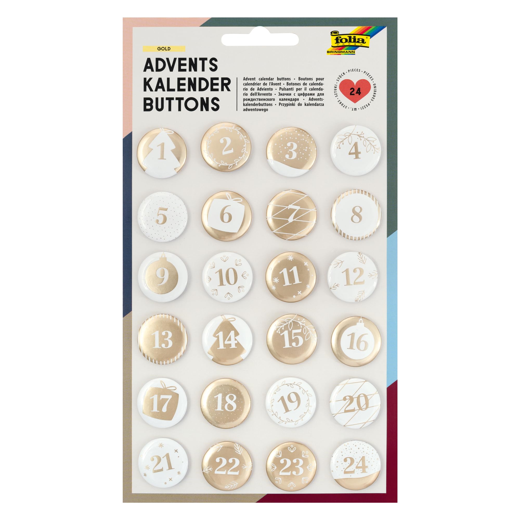 folia 1219 Buttons, Mother of Pearl, Pack of 24, Metal, for Customising Advent Calendar, White/Gold, One Size