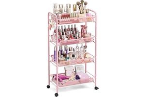 TOOLF 4-Tier Rolling Cart, Metal Utility Cart with 3 Hooks, Easy Assemble Mobile Storage Trolley On Wheels, Metal Shelving Un
