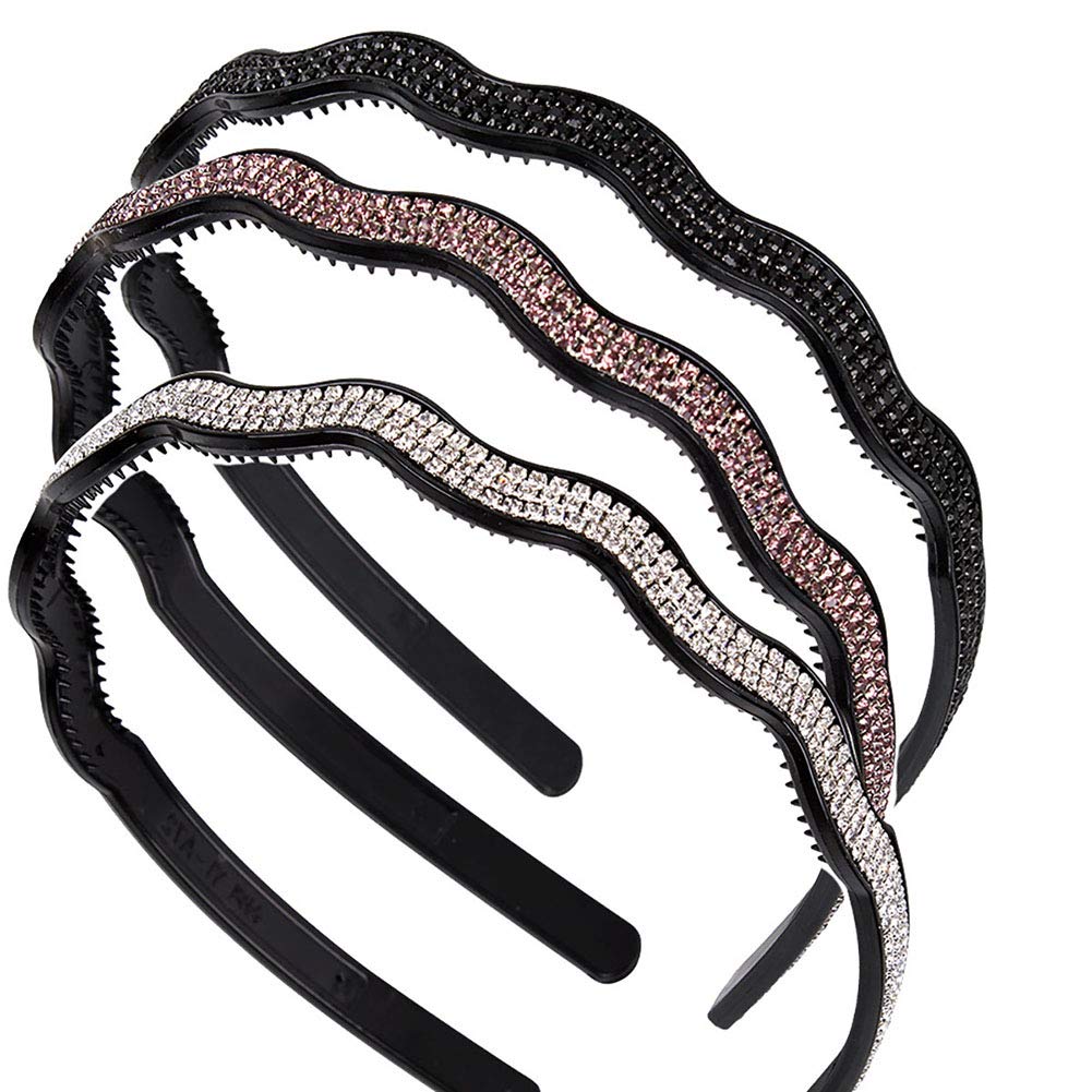 Fodattm 6PCS Women Rhinestone Hairband Crystal Headband Wavy Shape Non-slip Teeth Hair Hoop Headwear (Three rows)