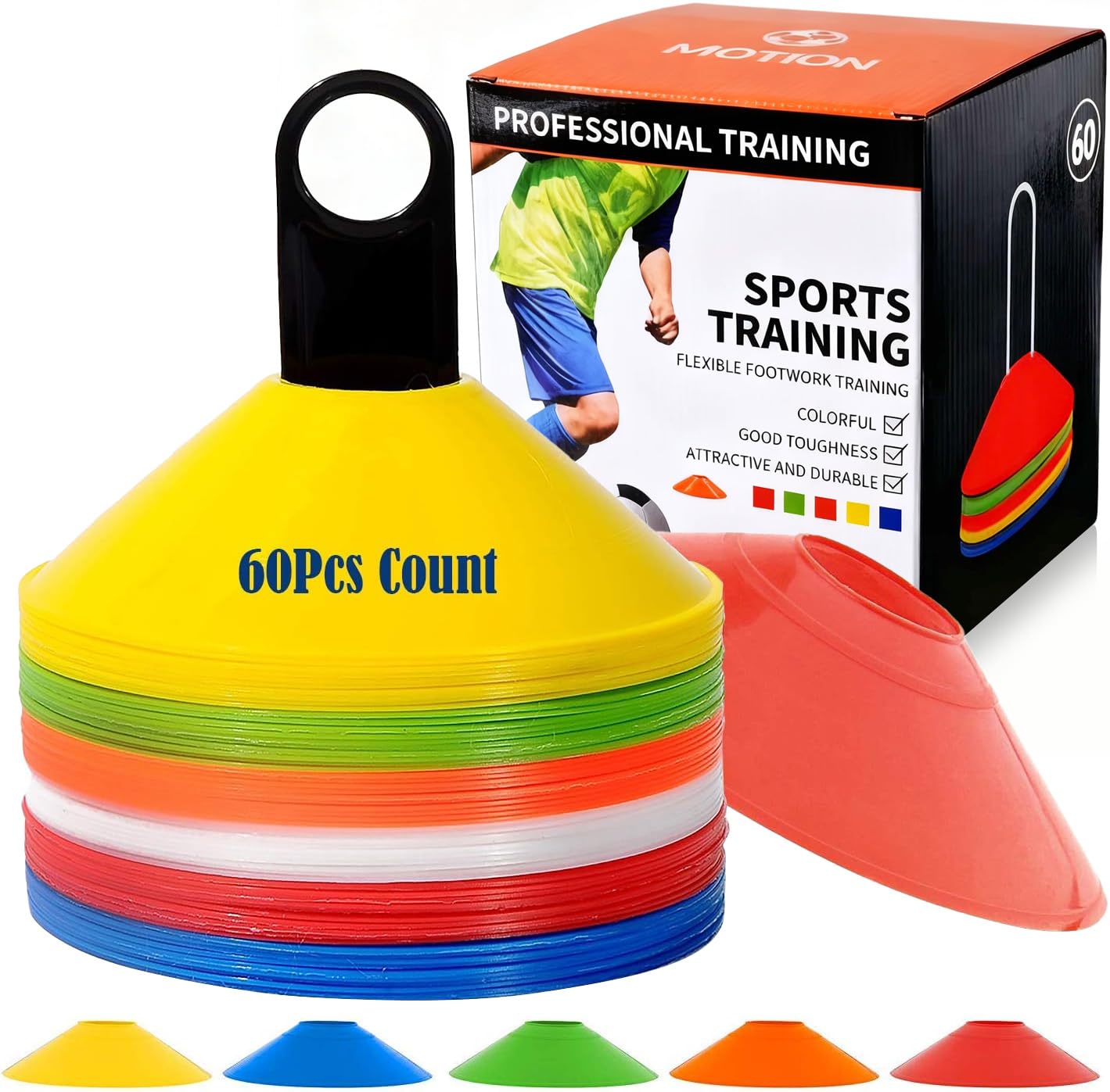 Wrzbest 60 Pcs Training Marker Multi Color Soccer Cones Field Markers Football Disc Cone Disc Mini Training Cones with Plastic Holder