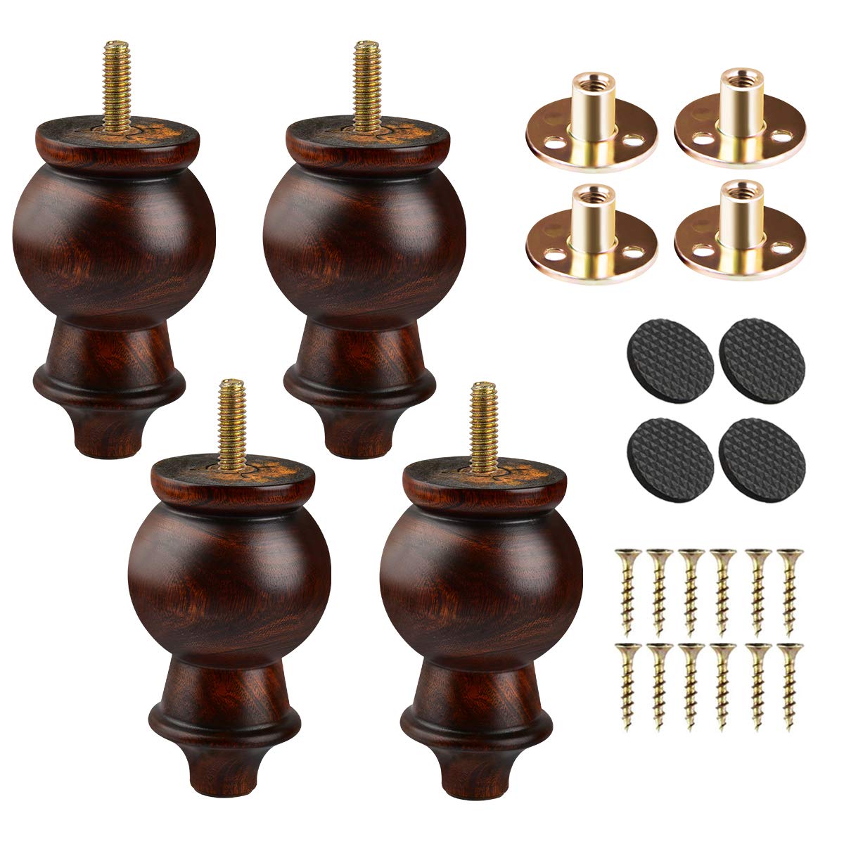 Btowin 6 inch Solid Wood Furniture Legs, 4Pcs Glaze Turned Wooden Bun Feet with Threaded 5/16'' Hanger Bolts & Mounting Plate & Screws for Sofa Cabinet Couch Loveseat Dresser