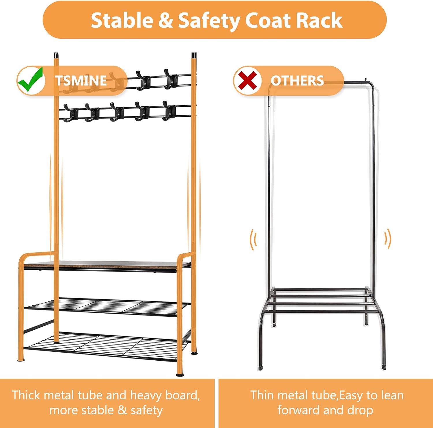 Coat Rack Shoe Rack for Entryway, Hall Tree Shoe Rack Bench Organizer Storage ,3 Tier Coat Rack Freestanding Industrial Storage Shelf Bench with 10 Double Hooks & Steel Frame for Hallway,Bedroom,Foyer: Home Improvement