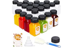 TOMNK 4oz Plastic Juice Bottles, 24pcs Shot Bottles with Caps, Mini Juicer Bottles, Empty Reusable Clear Bottles with Lids, Label, Funnel and Brush