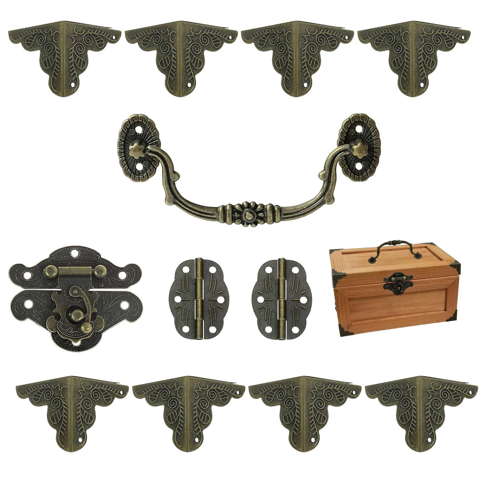 MOROBOR Antique Lock Latch Hasp Hinges Handle With Corner Protectors Kit for DIY Jewelry Box, Wood Case Chest Storage - Box Not Included