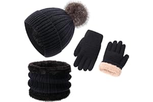 BUSYLITTLEBEE Kids Winter Beanie Hat Gloves Scarf Set 1-10 Years Old Girls Boys Mittens Knit Neck Warmer Warm Fleece lining