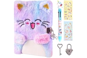 PrinBarBee Cat Diary for Girls with Lock and Key,Tie-Dye Fuzzy Journal for Kids,Hardcover Fluffy Locking Notebook for Writing and Drawing,4-12 Year Old Girl Birthday Gifts (A Happy Cat)