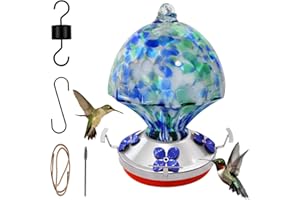 ruiyi tim Glass Hummingbird Feeder with Ant Moat 25.4 OZ Large Capacity Hand Blown Glass Blue Hanging Wild Bird Feeder for Backyard Garden Outdoors Decorations with Hook Brush Birds Lovers Gift