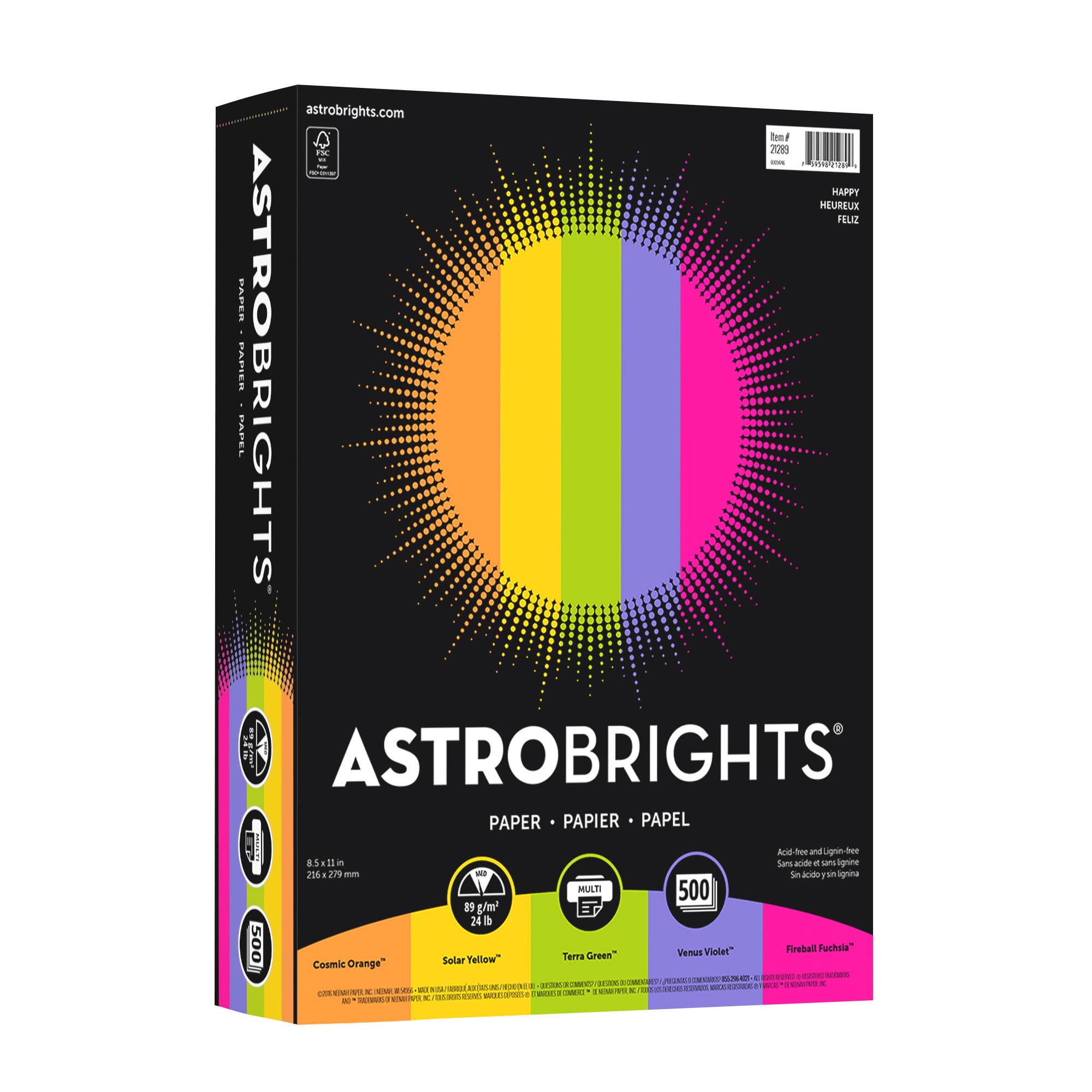 Neenah Astrobrights(R) Bright Color Paper, 8 1/2in. x 11in., 24 Lb, Assorted Colors, Ream of 500 Sheets, 21289