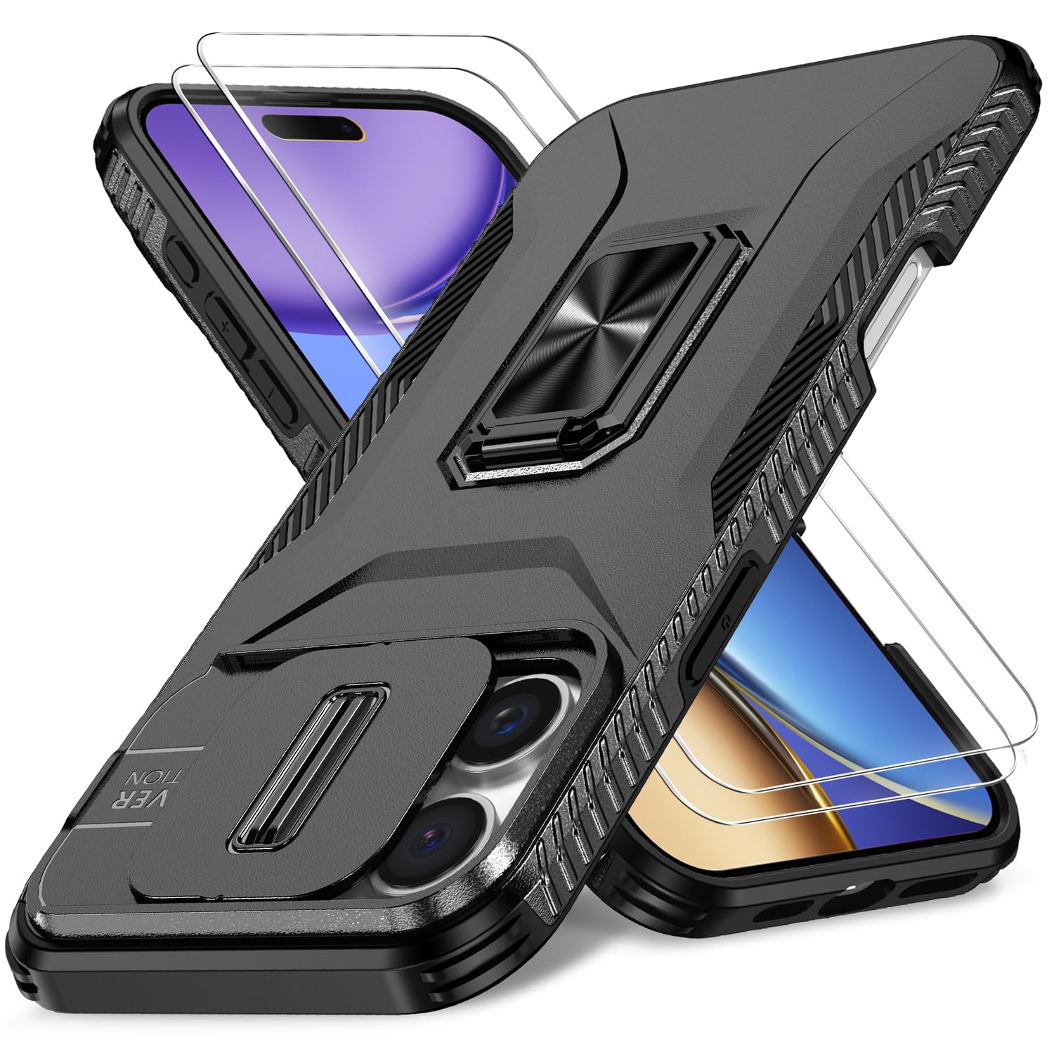 Photo 1 of HakkTaoo Case for iPhone 16 Pro Max with Slide Camera Cover+Screen Protector(2 Packs), Military Grade Shockproof Protective Cover, Rotated Ring Kickstand(A - Black)