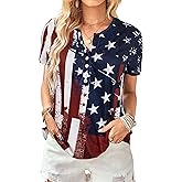 Womens American Flag Shirt Patriotic T-Shirt USA Flag Tee 4th of July Tees Vintage V Neck Shirt Summer Short Sleeve Tops