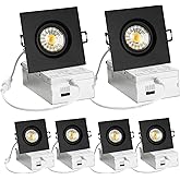 Wembanma 3 Inch Canless Recessed Gimbal Downlight, 360° Rotatable Black Square Spotlight, 8W 850Lm High Brightness, 5CCT LED Recessed Light with Junction-Box, 3 Inch 6 Pack Black