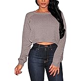 Pink Queen Crop Sweaters for Women Trendy Crew Neck Long Sleeve Fall Ribbed Pullover Cropped Knit Tops