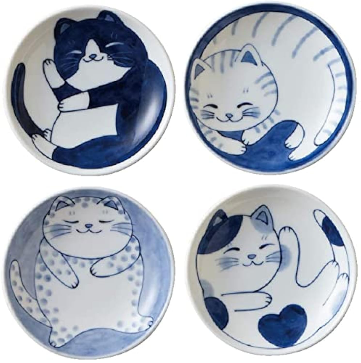 Mino Ware Set of 4 Japanese Ceramic Plates Cute Cats Appetizer Dessert Sushi Sauce 10 x 2 cm