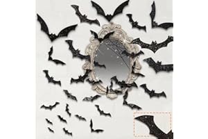 KIMOBER 144pcs Halloween Bats Wall Decor,Glittery 3D Bat Wall Decal Stickers for Halloween Party Indoor Outdoor Supplies