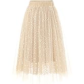 DRESSTELLS Sequin Tulle Skirts for Women Midi Long Aline Elastic High Waisted Wedding Party Skirt with Lining