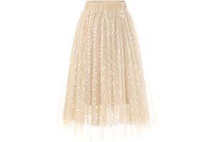 DRESSTELLS Sequin Midi Tulle Skirts for Women, Aline Elastic High Waist Long Christmas Party Skirt with Lining