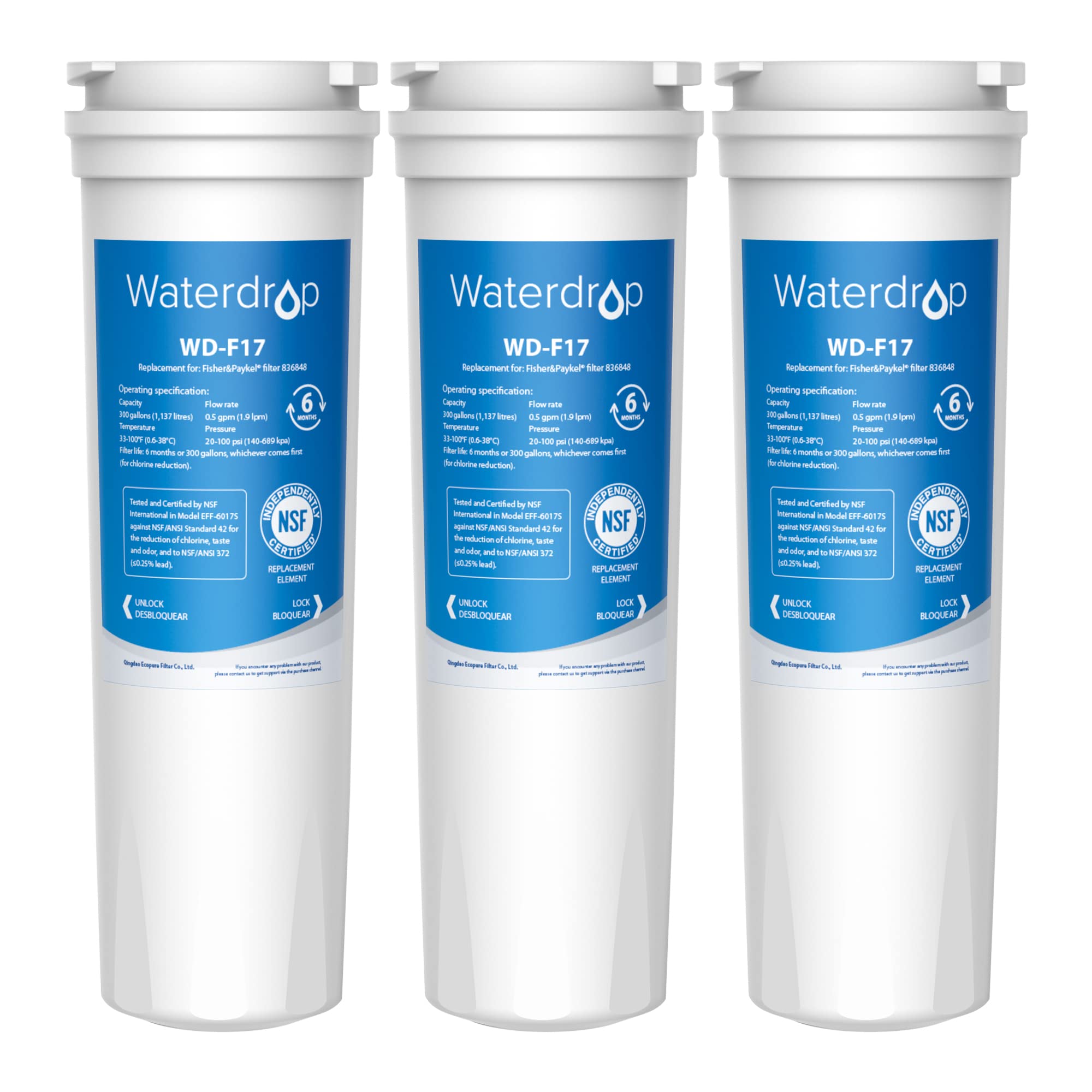 Waterdrop Fridge Water Filter 836848, Replacement for Fisher & Paykel® 836848, 836860, RF540ADUSX4 (3X)