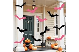 QTISKY Halloween Decorations Clearance - Pink Halloween Decor - 12 PCS Outdoor Indoor DIY Hanging Bats Black and Pink, Large Flying Hanging Bats for Home Party Wall Office Tree Porch Yard