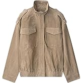 Keeliya Womens Faux Suede Leather Jackets Zipper Lapel Long Sleeve Bomber Jackets Oversized Blazer Going Out Outwear(Khaki,S)