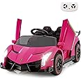 INFANS 2 Seater Kids Ride on Car, 12V 4WD Licensed Lamborghini Veneno Powered Electric Vehicle with Hydraulic Doors, Rocking Mode, Adjustable Speeds, Remote Control, MP3, Headlight (Coral)
